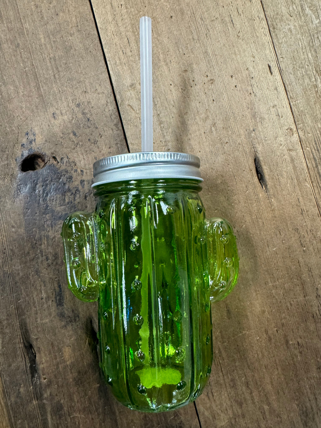 Glass Cactus Mason Jar with Straw