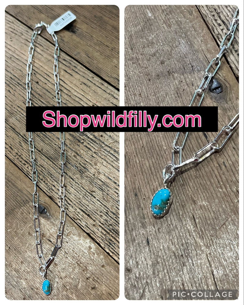 Turquoise Nugget on Paperclip Necklace