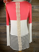 Coral Long Sleeve with Lace & Stripes Top