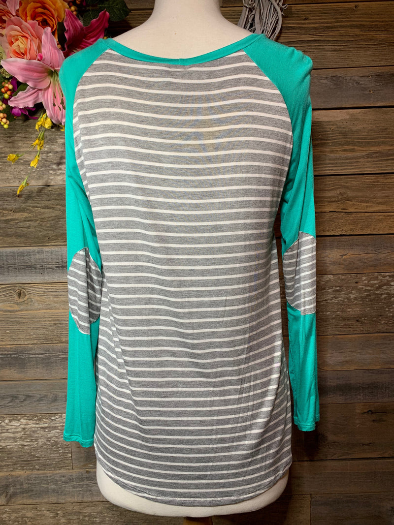 Green Stripe Elbow Patch Long Sleeve Top