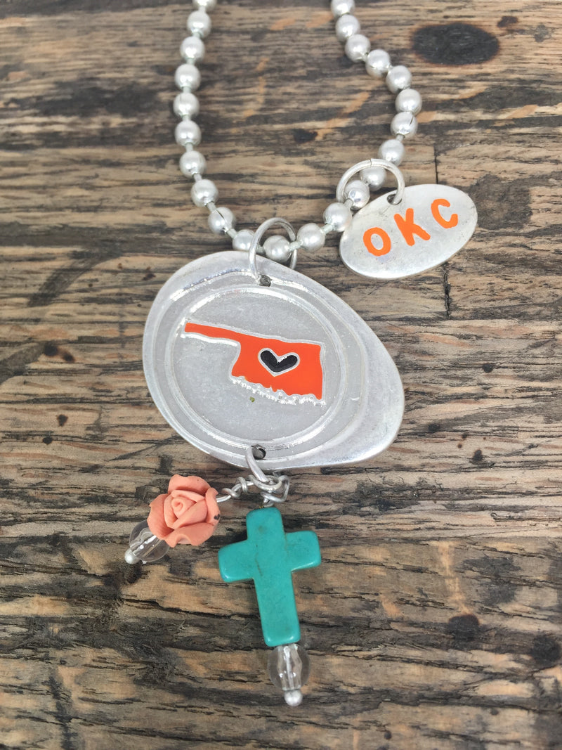 Small Oklahoma Stamp in Red & Orange with Charms Necklaces