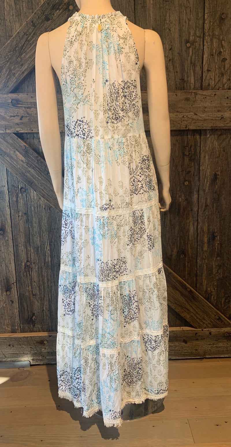 White Maxi Dress with Blue & Green Detail