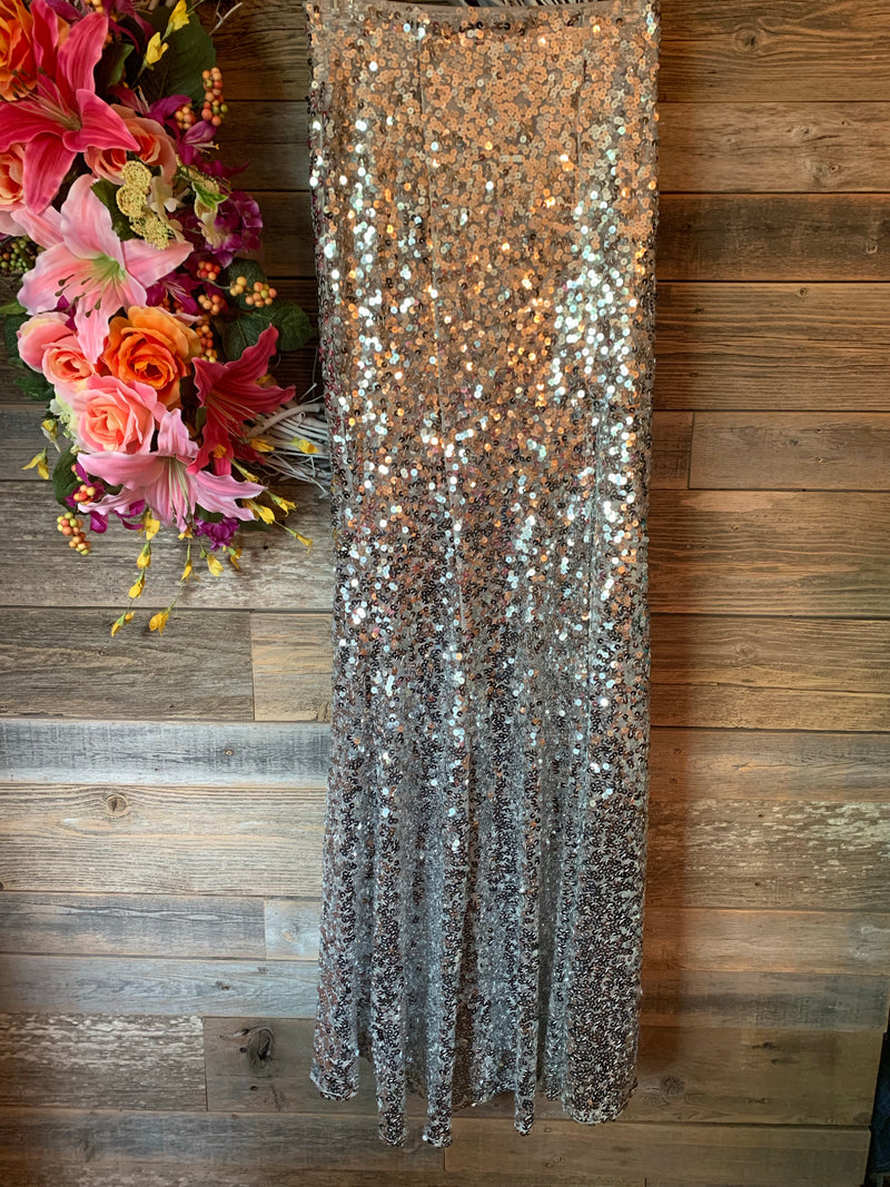 Sequin Maxi Skirt with Slit Silver