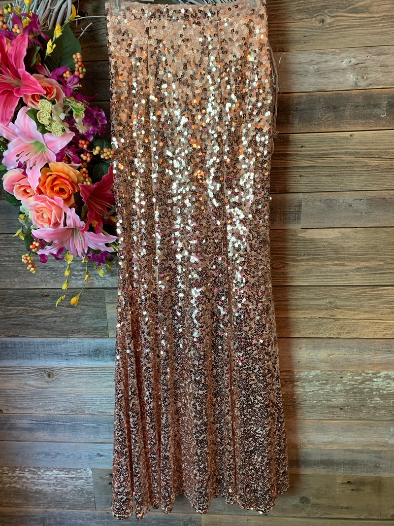 Sequin Maxi Skirt with Slit Rose Gold