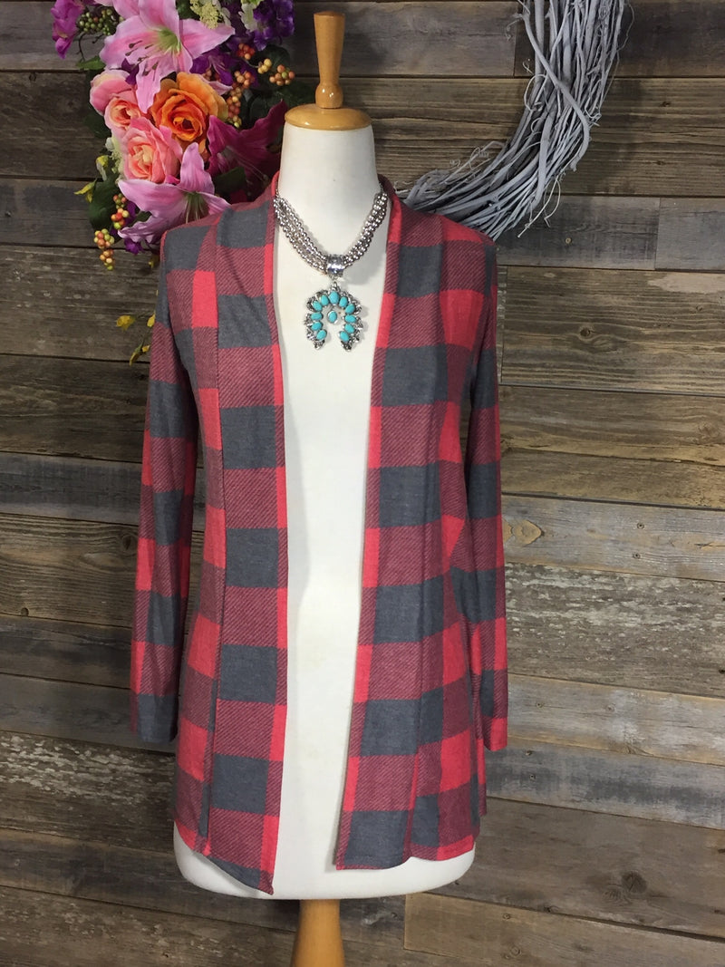 Grey and Red Plaid Cardigan