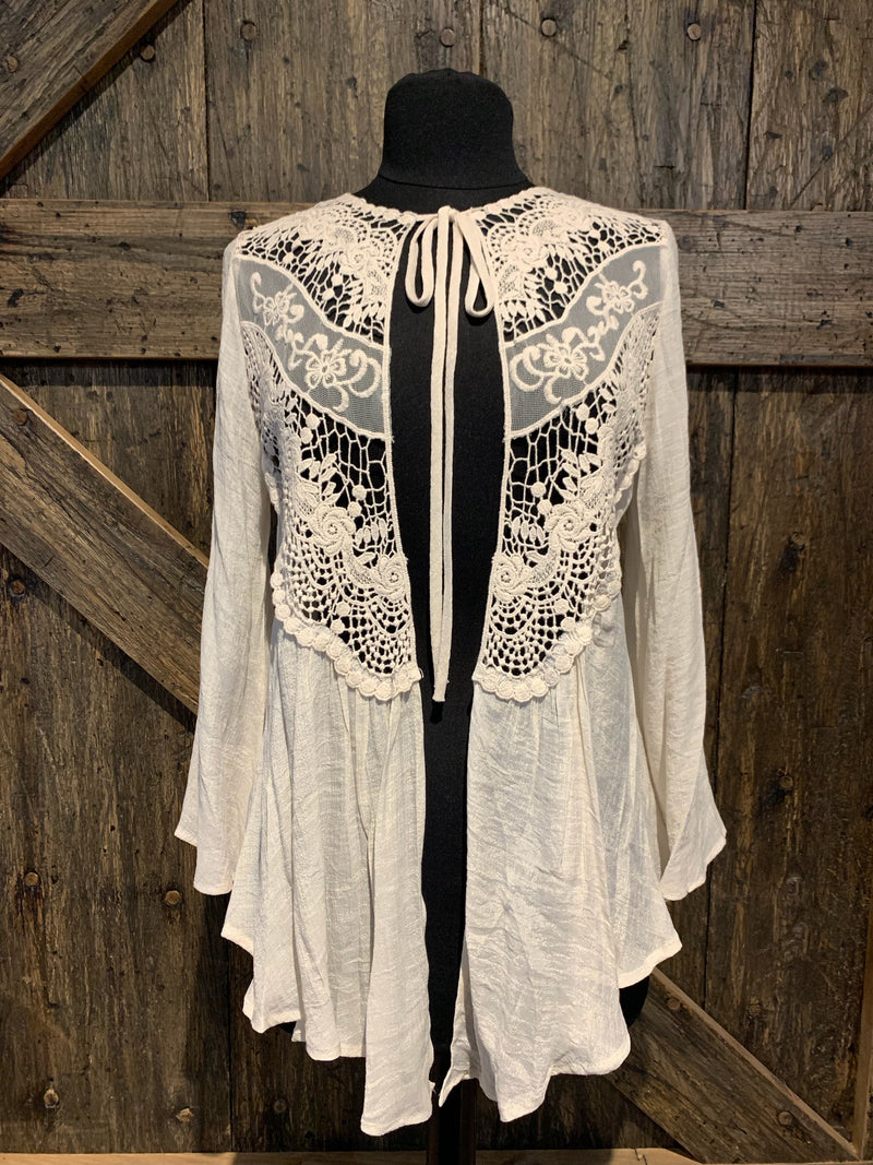 Bell Sleeve Lace Front Tie Cardigan